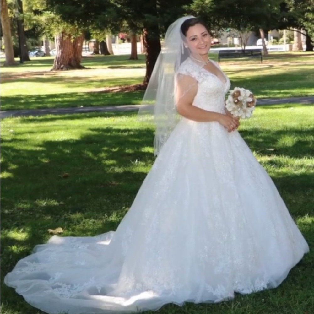 Oleg Cassini White Cap Sleeve Sweetheart Wedding Gown